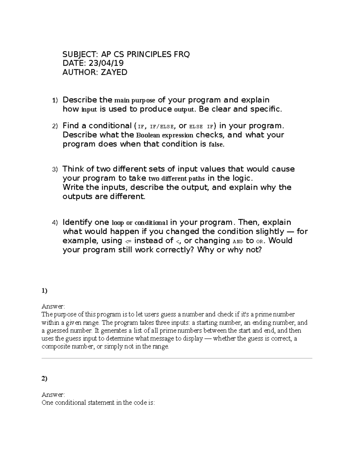 APCSP FRQ 2019 Analysis - AP CS Principles Exam Responses - Studocu