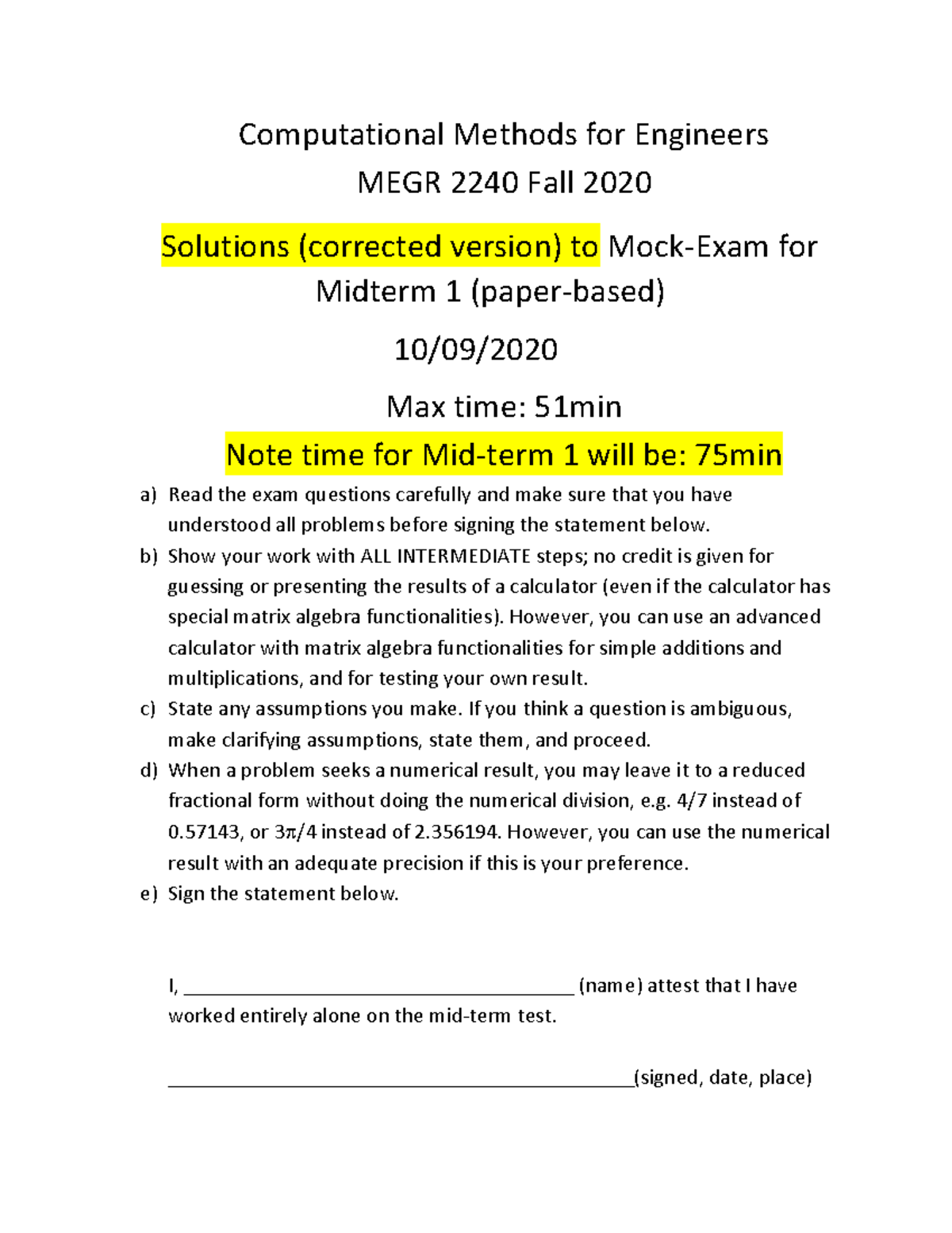 Mock Exam Midterm 1 - solutions Corrected - Computational Methods for ...