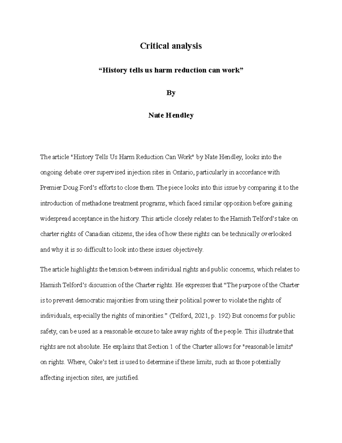 Critical analysis 2 - assignment - Critical analysis “History tells us ...