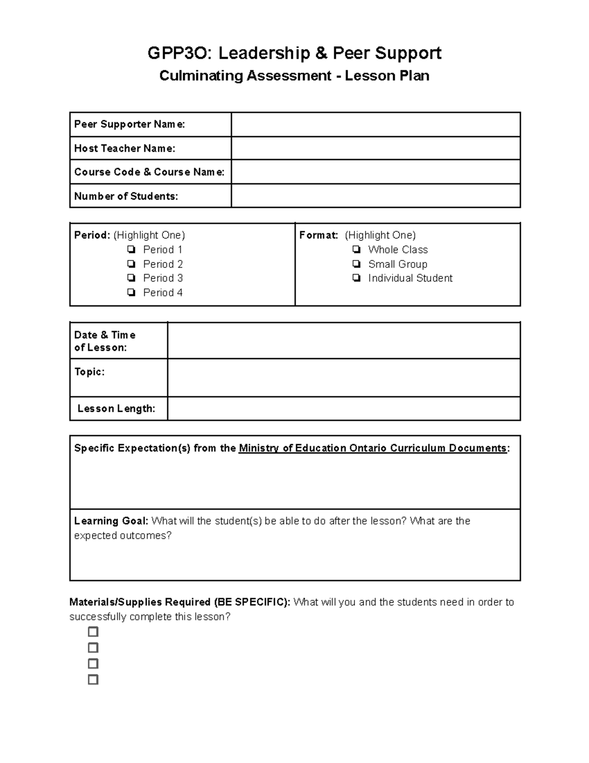 GPP3O Leadership & Peer Support Lesson Plan Template for Assessment ...