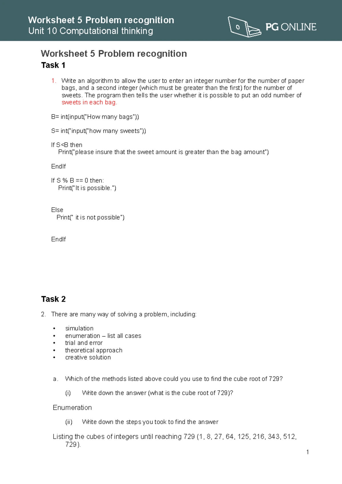 Computational Thinking Worksheet 4: Logical Thinking & Algorithms - Studocu