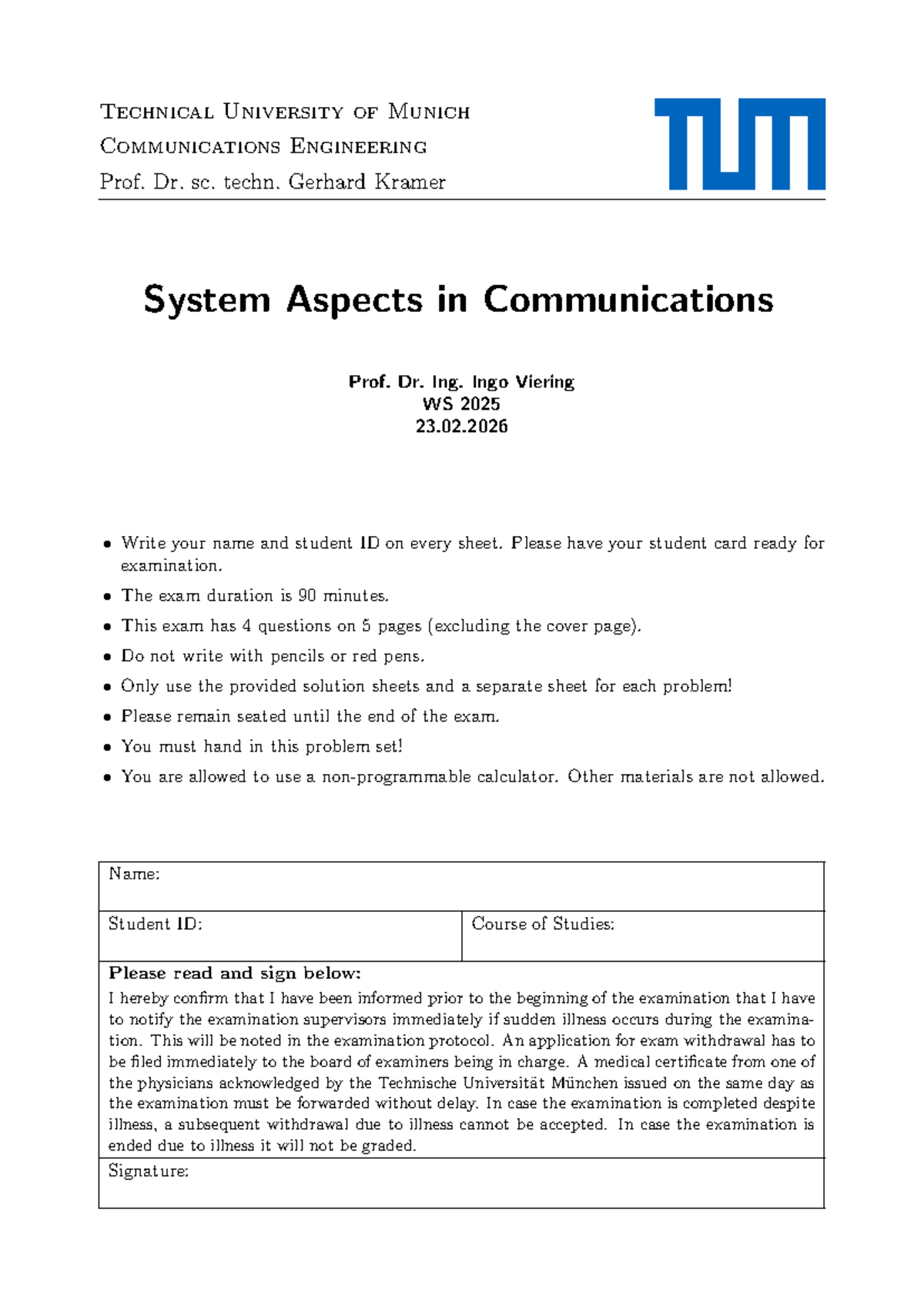 Exam26 Problems: System Aspects in Communications Engineering (WS 2025 ...