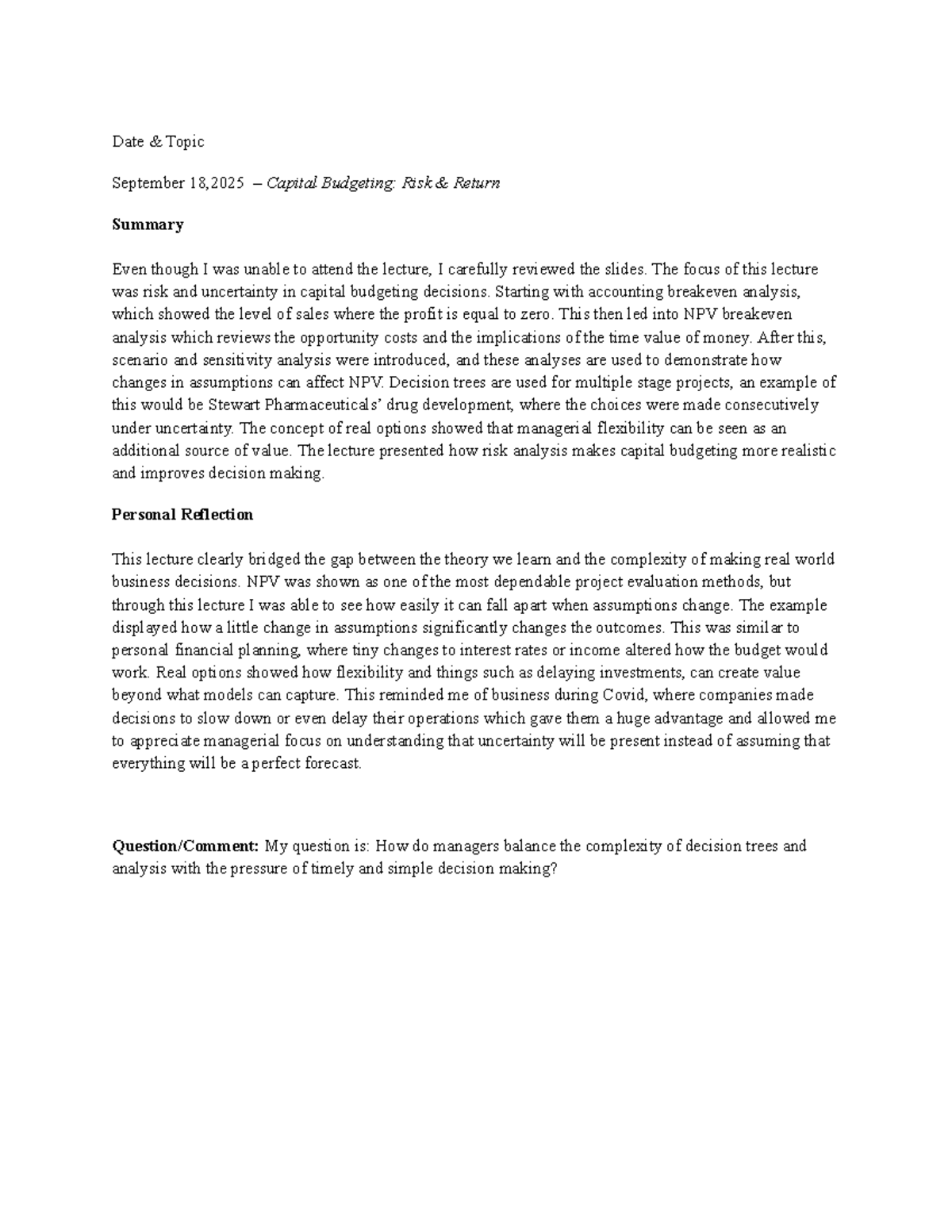 RSM333 Lecture Notes: Capital Budgeting & Risk Analysis Insights - Studocu