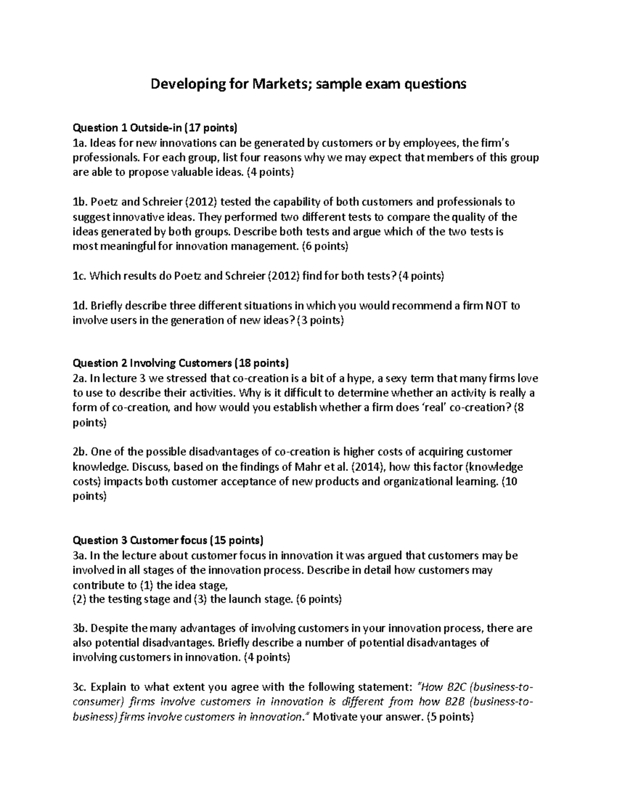 DFM - Sample Exam Questions on Developing for Markets - Studeersnel