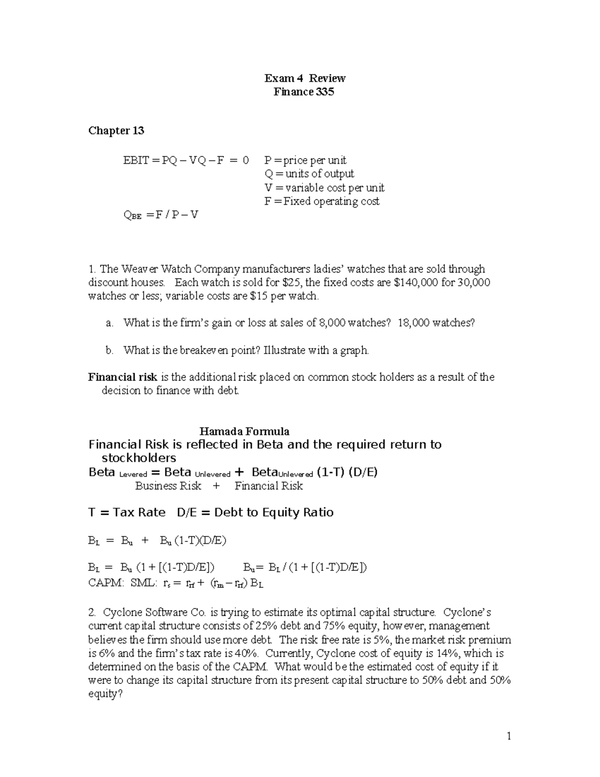 Finance 335 Exam 4 Review - Key Concepts and Formulas - Studocu