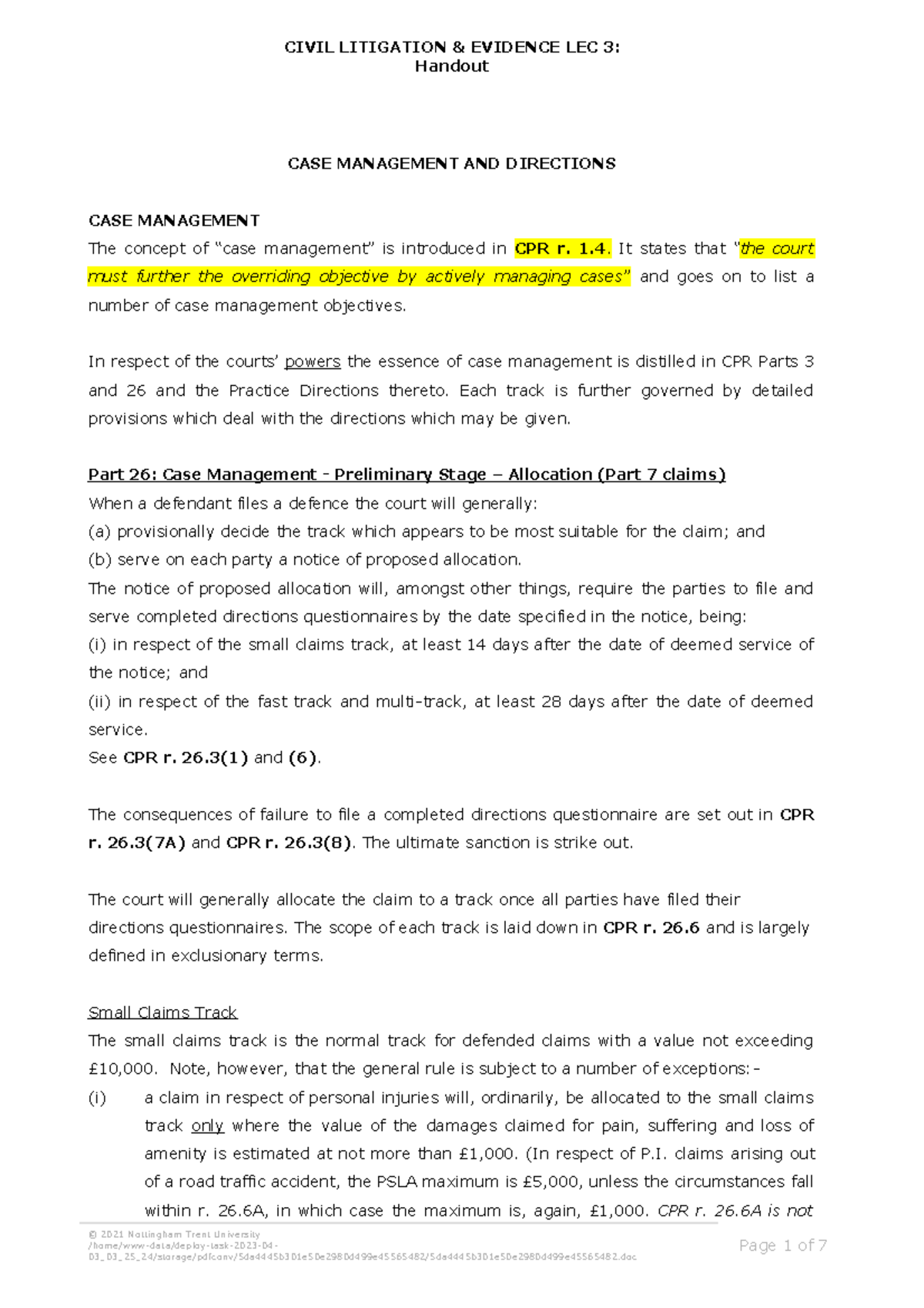 CLE 3 Lec - Handout - Handout CASE MANAGEMENT AND DIRECTIONS CASE ...