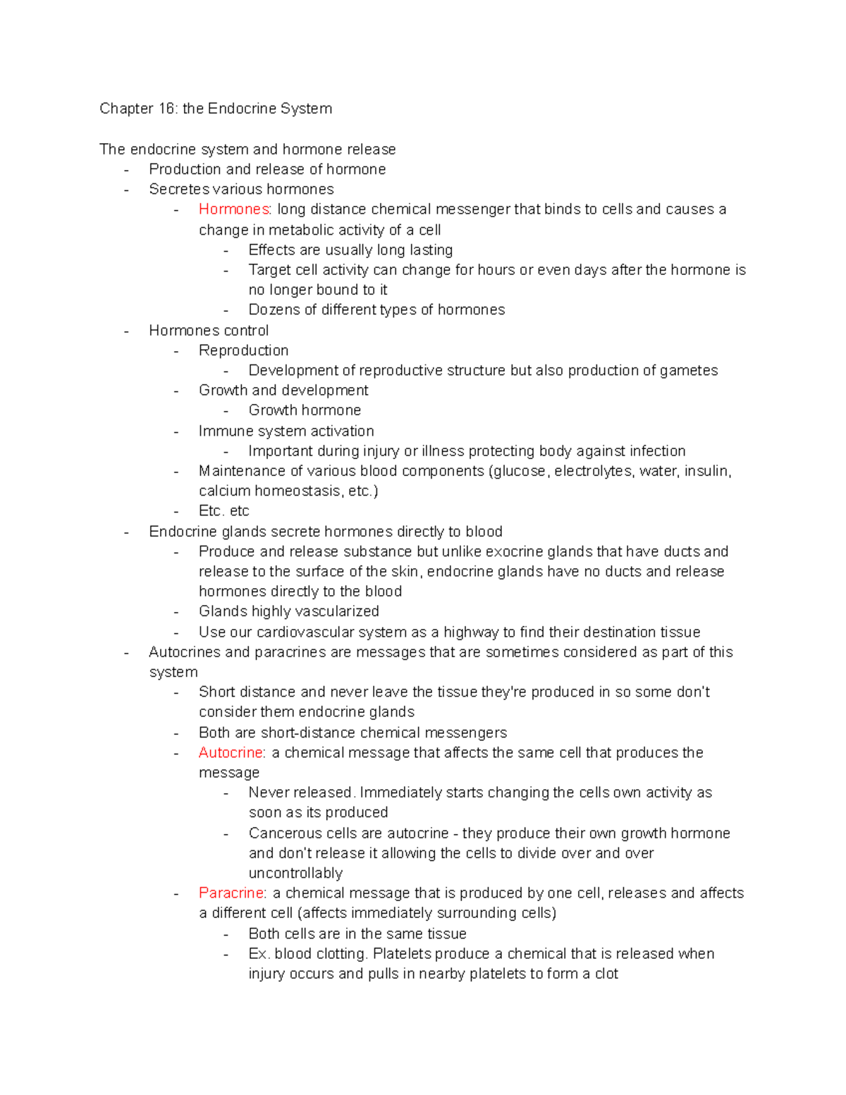 Chapter 16: The Endocrine System Overview and Hormonal Functions - Studocu