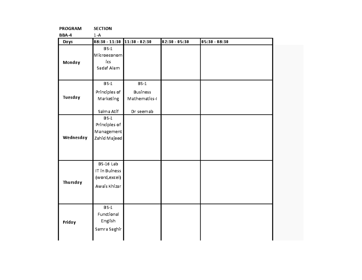 BBA 4-Year Academic Schedule and Course Overview Guide - Studocu