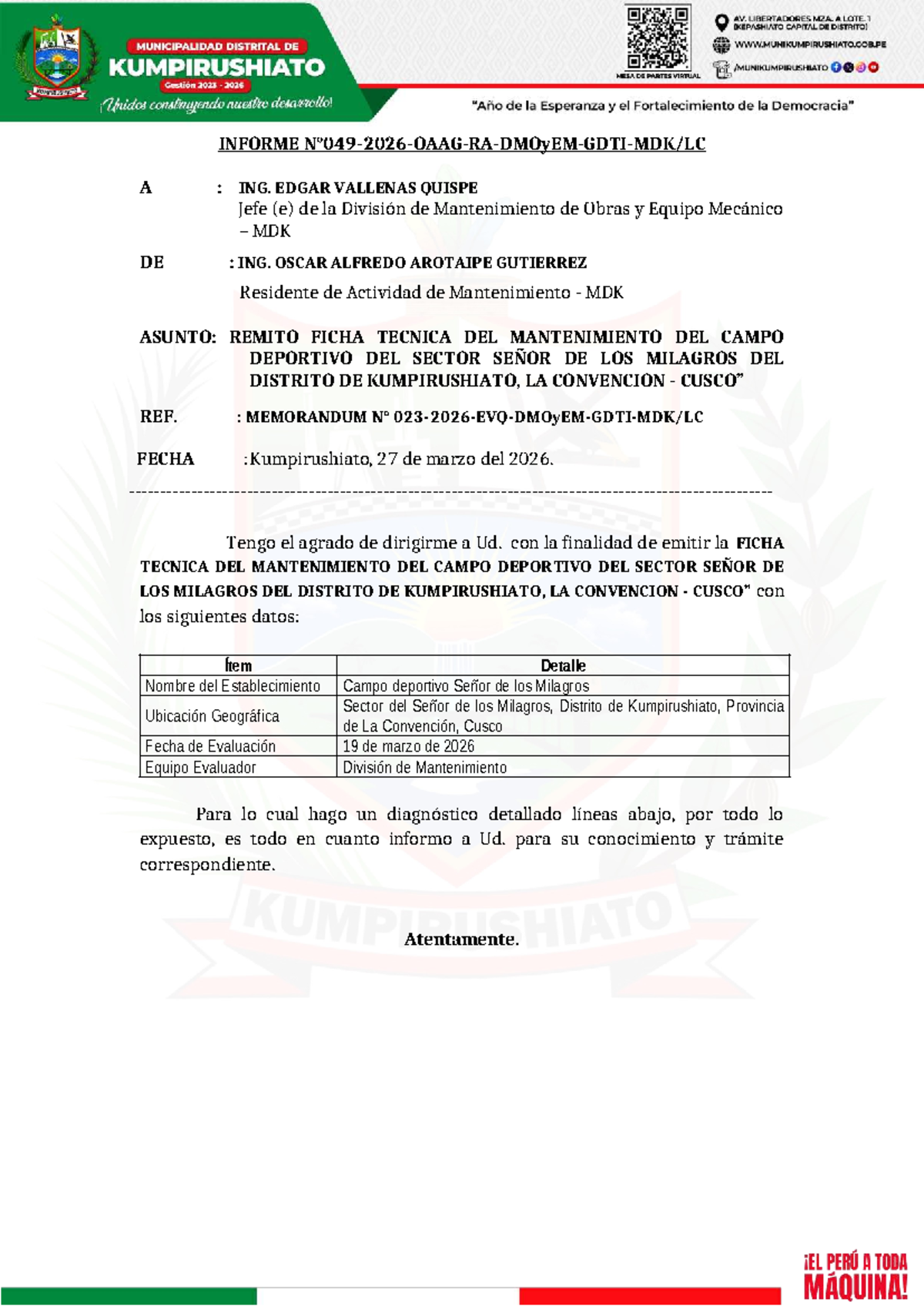 Informe Técnico de Mantenimiento del Campo Deportivo - MDK - Document Preview