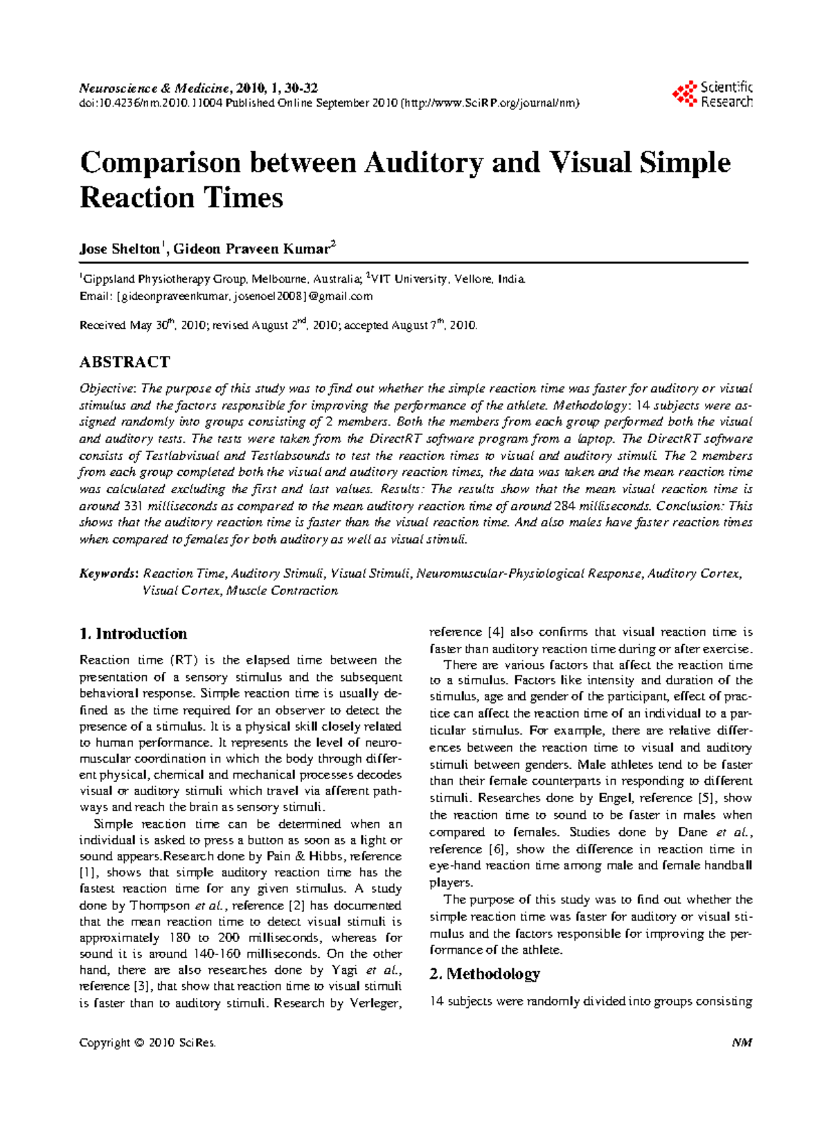 NM2010 Final Exam: Auditory vs. Visual Simple Reaction Times Study ...