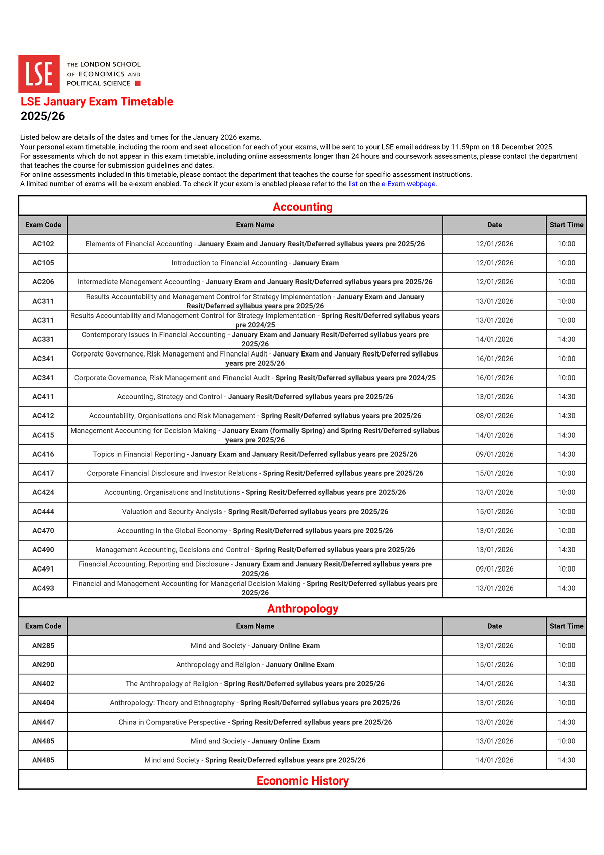 LSE January 2026 Exam Timetable and Details - Studocu