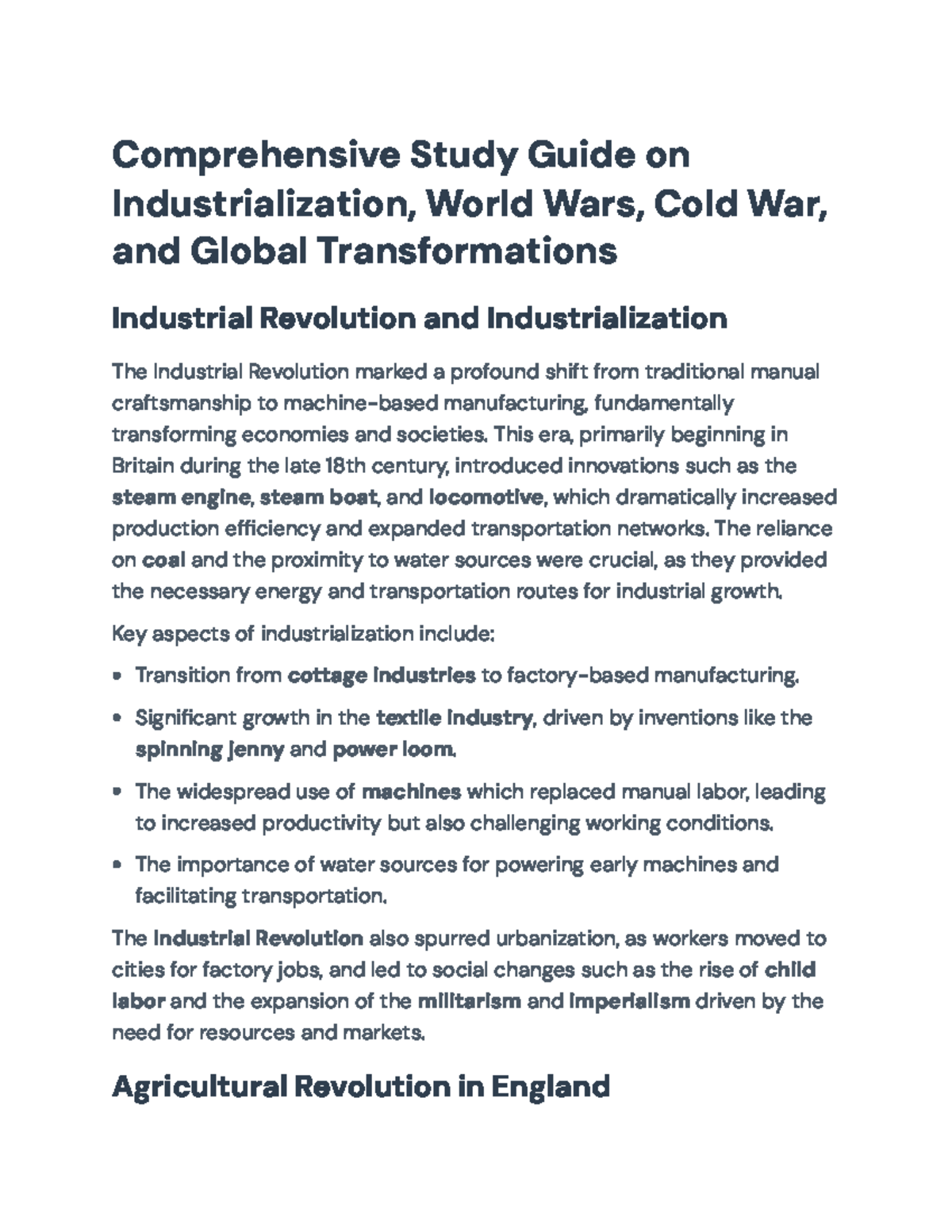 Comprehensive Study Guide on Industrialization, World Wars, and Cold ...