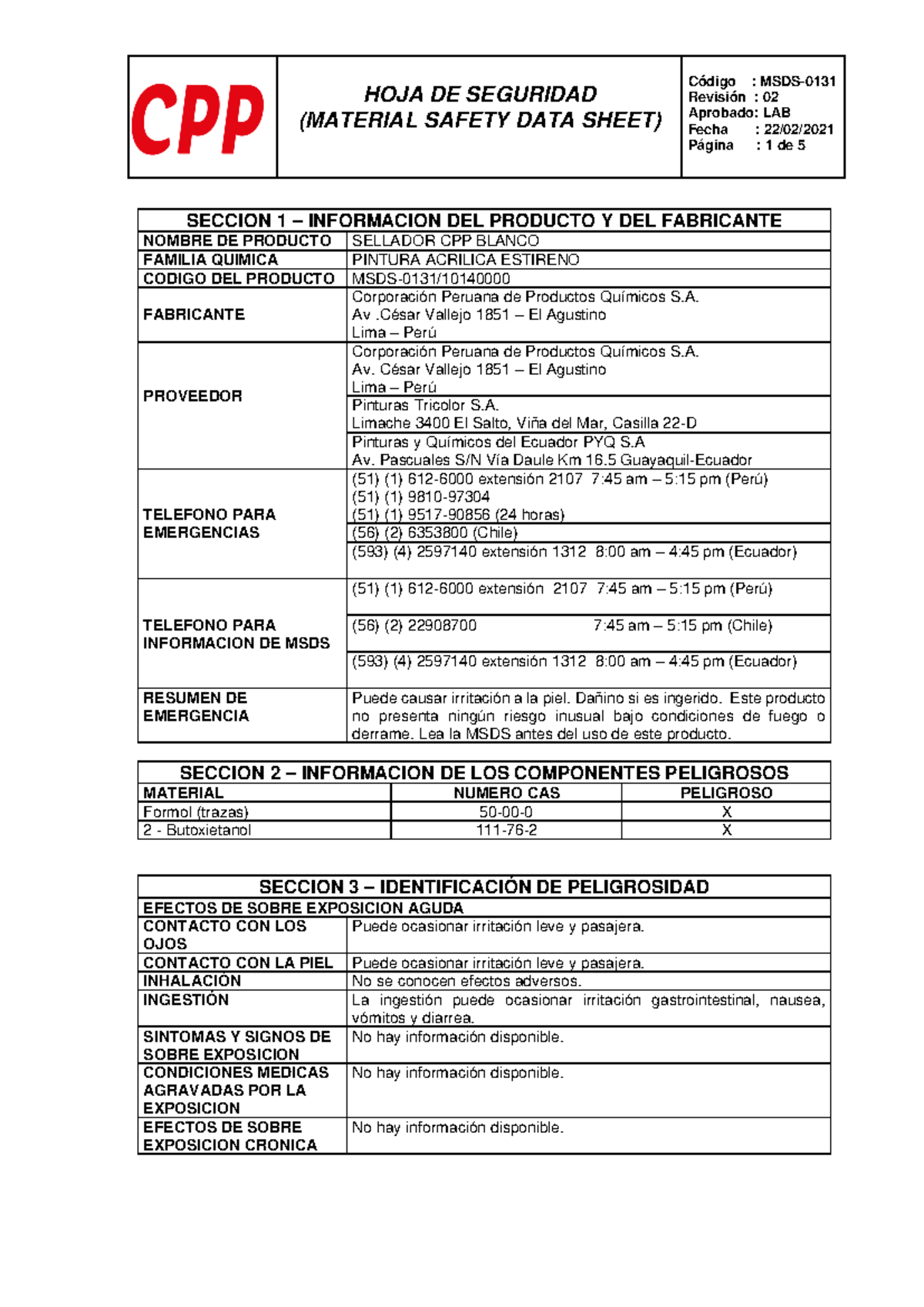 Hoja de Seguridad MSDS Sellador CPP - LAB 02/2021 - Document Preview