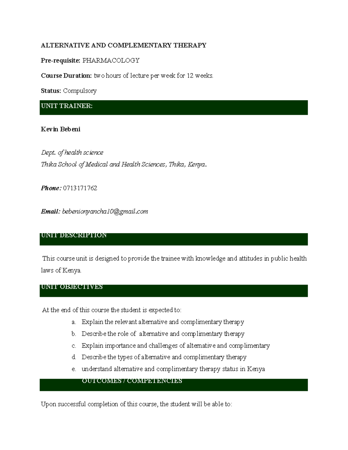 Complementary and Alternative Therapy (CAM) PHAR 101: Course Overview ...