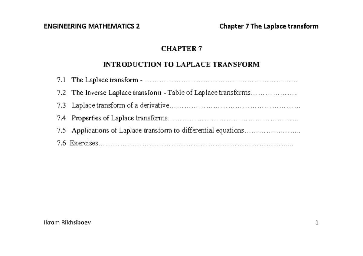Eng Math 2 Ch 7: Lecture Notes on Laplace Transform Concepts - Studocu