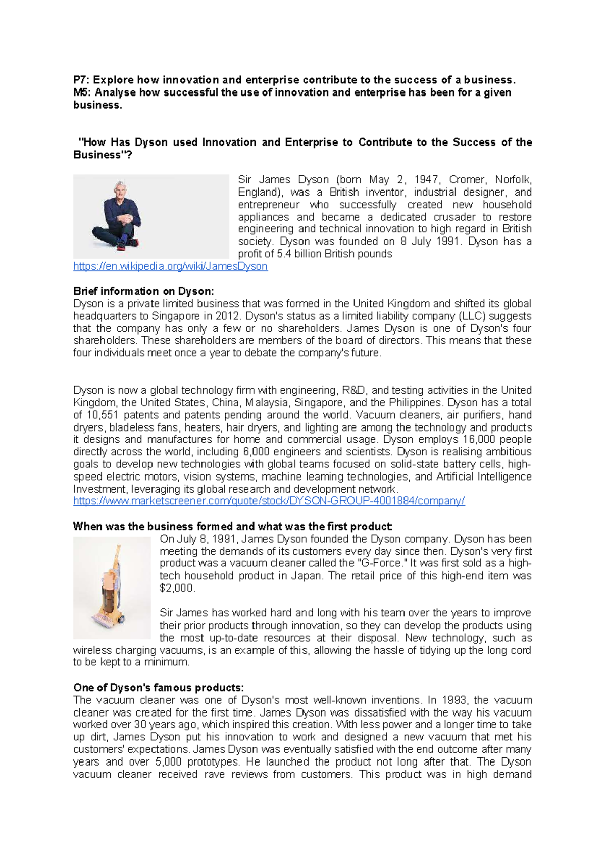 Unit 1 P7:M5: The Role of Innovation in Dyson's Business Success - Studocu