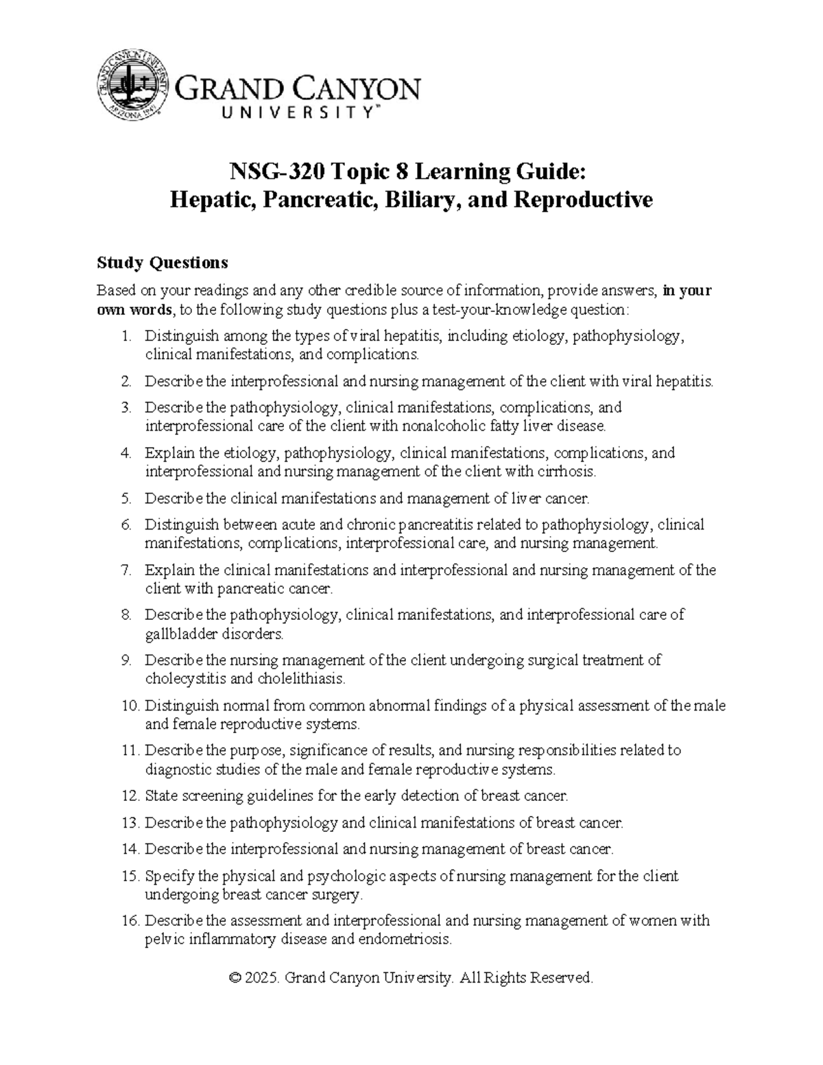 NSG-320 Topic 8 Learning Guide: Hepatic, Pancreatic, Biliary ...