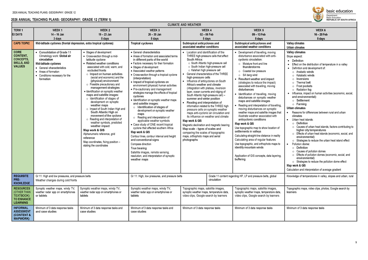 2026 ANNUAL TEACHING PLANS: GEOGRAPHY: GRADE 12 (FINAL NOTES) - Document Preview