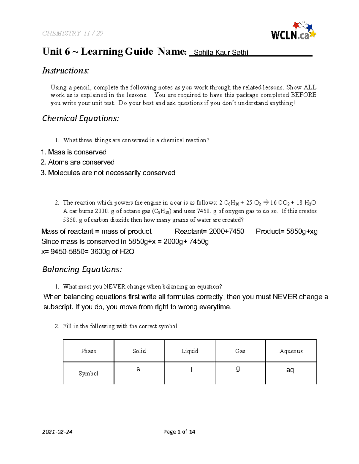 CH11 LG U6 - chemistry lecture notes - Unit 6 ~ Learning Guide Name