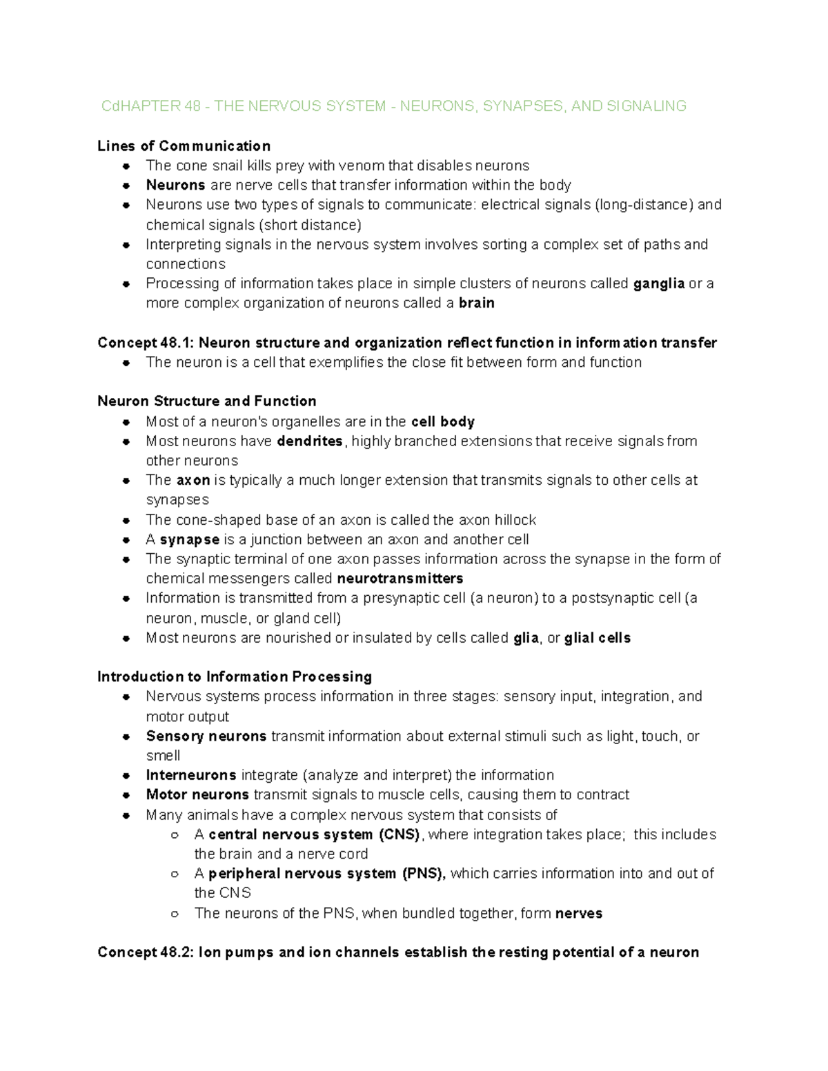 AP BIO chapter 48 notes and vocab - CdHAPTER 48 - THE NERVOUS SYSTEM ...