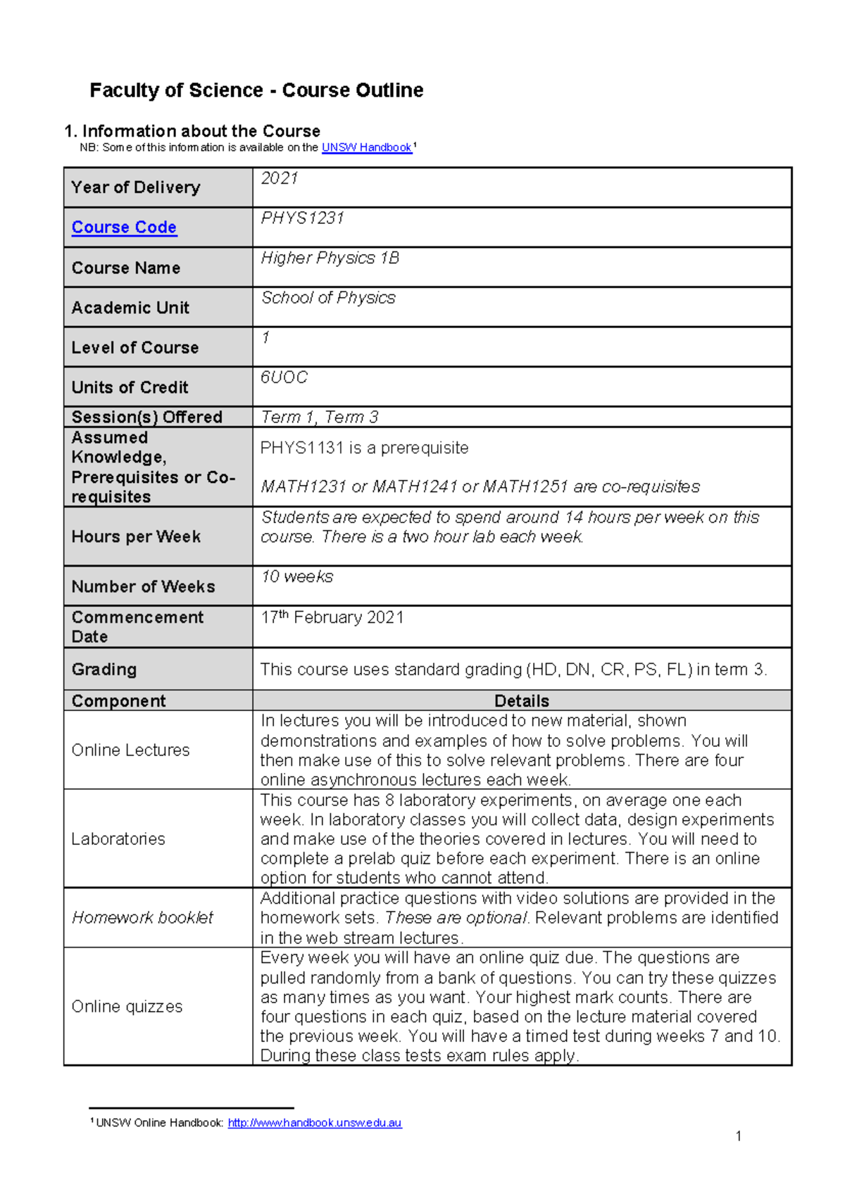 2021 11 PHYS1231 T1 2021 Course Outline - Faculty of Science - Course ...