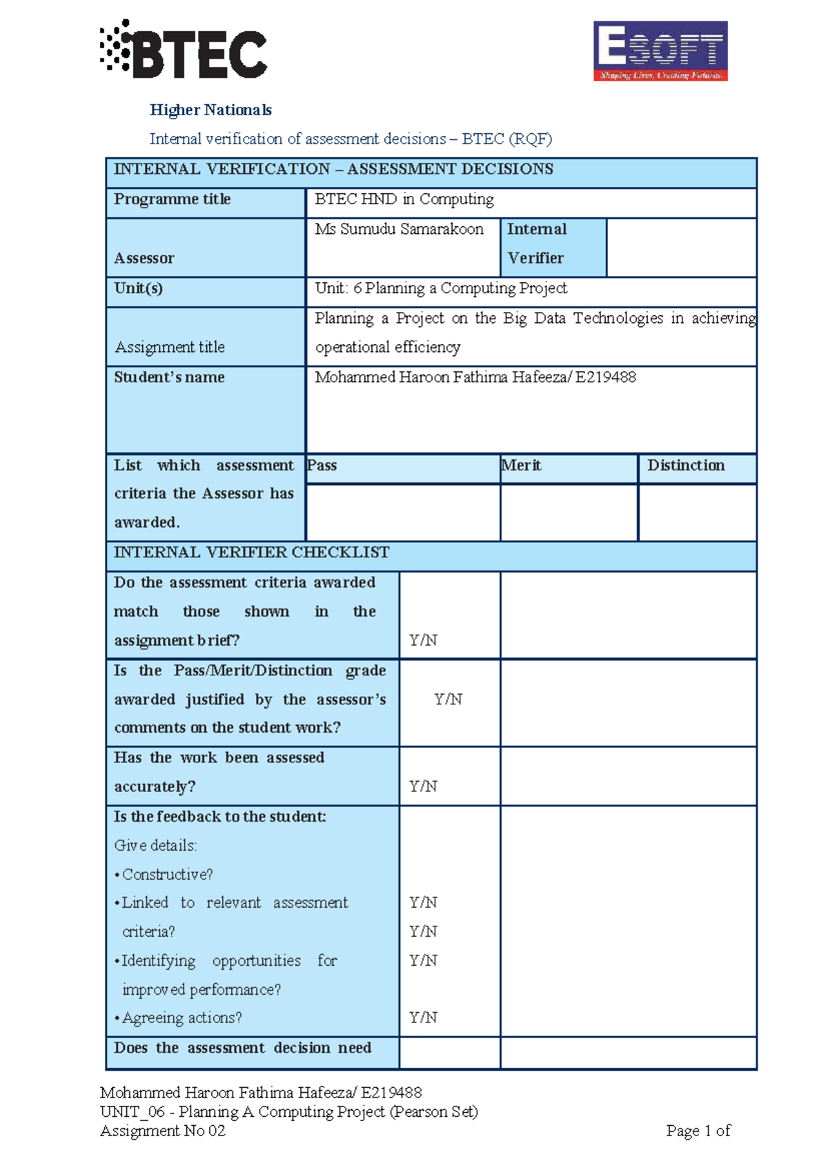 BTEC HND Computing Unit 6: Big Data Project Planning Assignment - Studocu