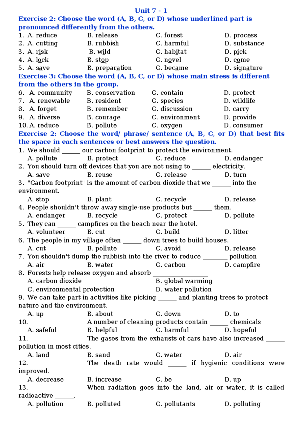 Unit 7 & 8 Review Exercises: Pronunciation, Stress, and Vocabulary ...