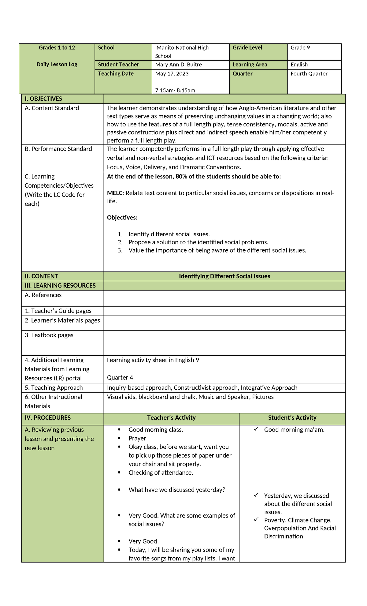 ENG 9 Daily Lesson Log: Exploring Social Issues Through Literature ...