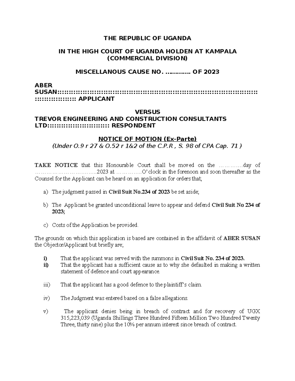 Notice of Motion to Set Aside Judgment in Civil Suit No. 234 of 2023 F6 ...