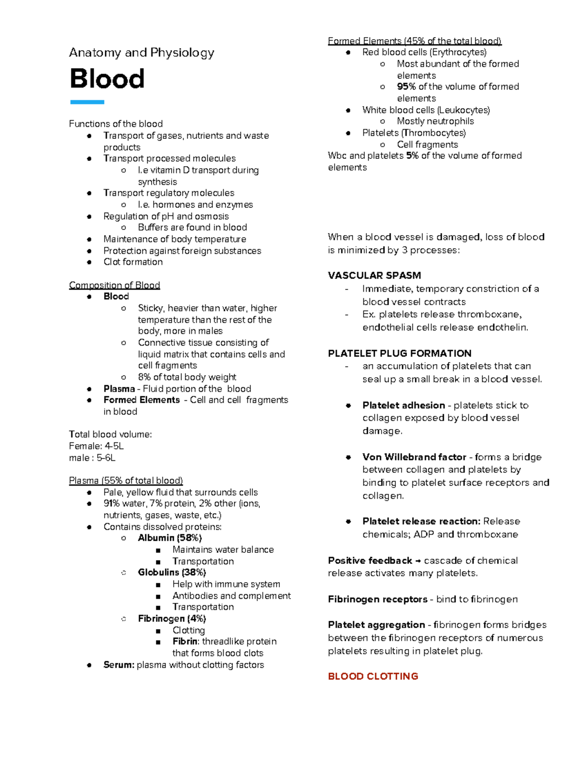 Blood - Summary of Key Functions and Composition in Seeley's Essentials ...