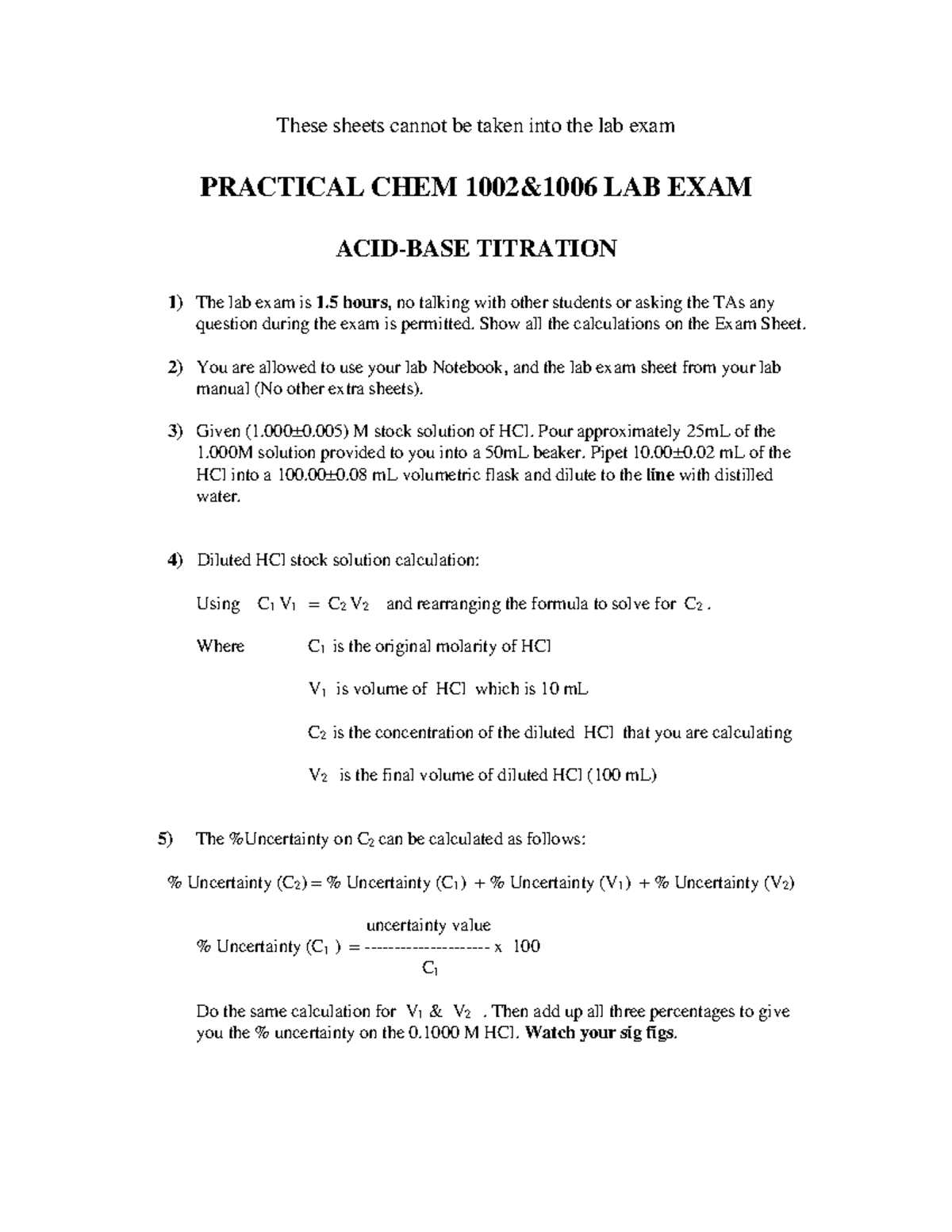 2 - CHEM1002-1006 LAB EXAM calculations 1 - These sheets cannot be ...