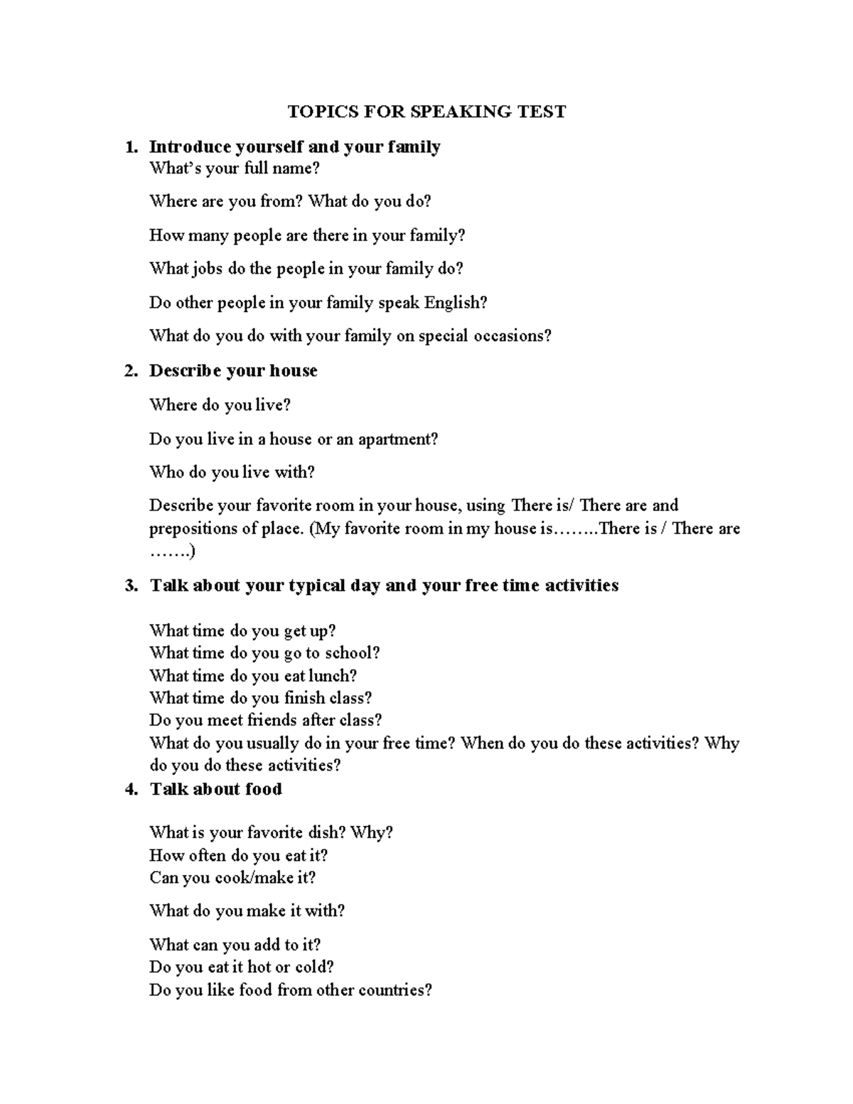 Speaking Test Topics - English 101 - Studocu