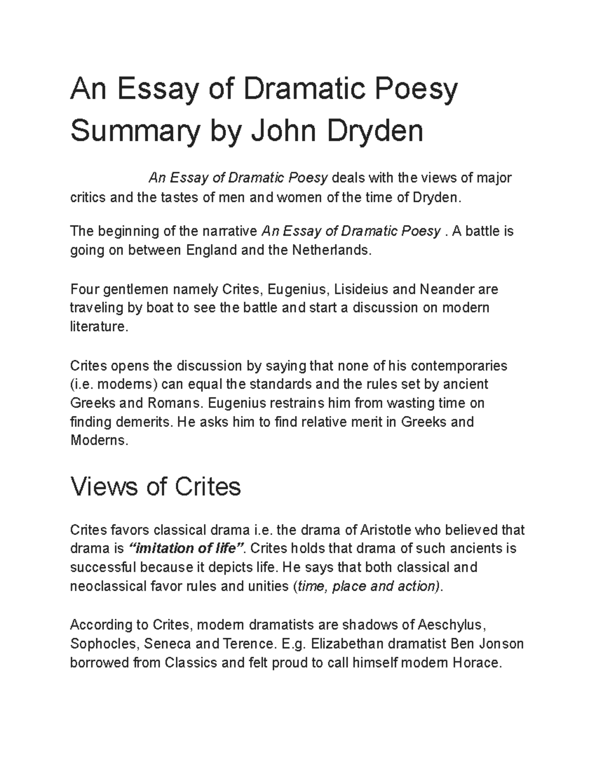 An Essay of Dramatic Poesy - An Essay of Dramatic Poesy Summary by John ...