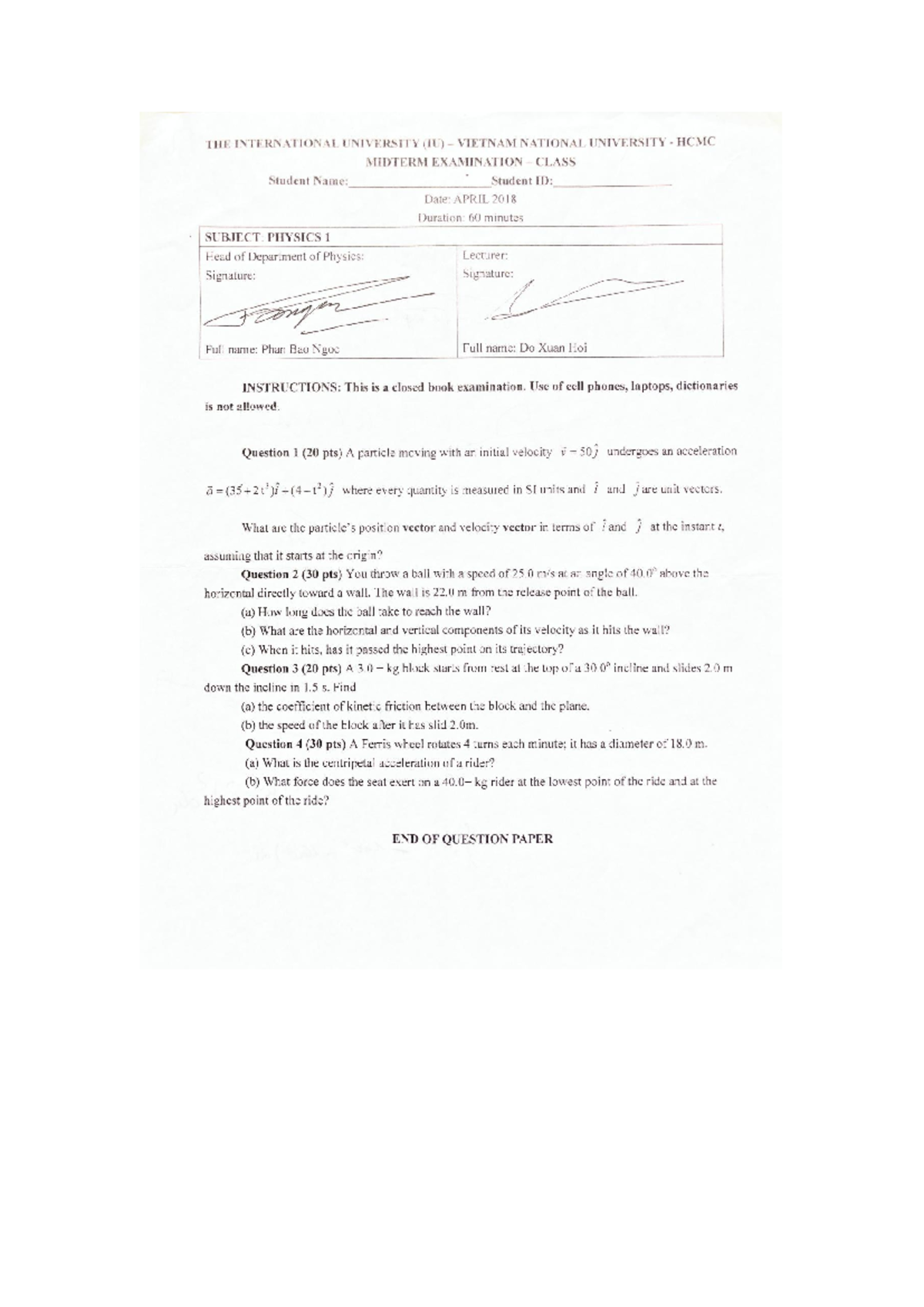 PHYSICS 1 Midterm Exam 2018 - International University (IU) - Studocu