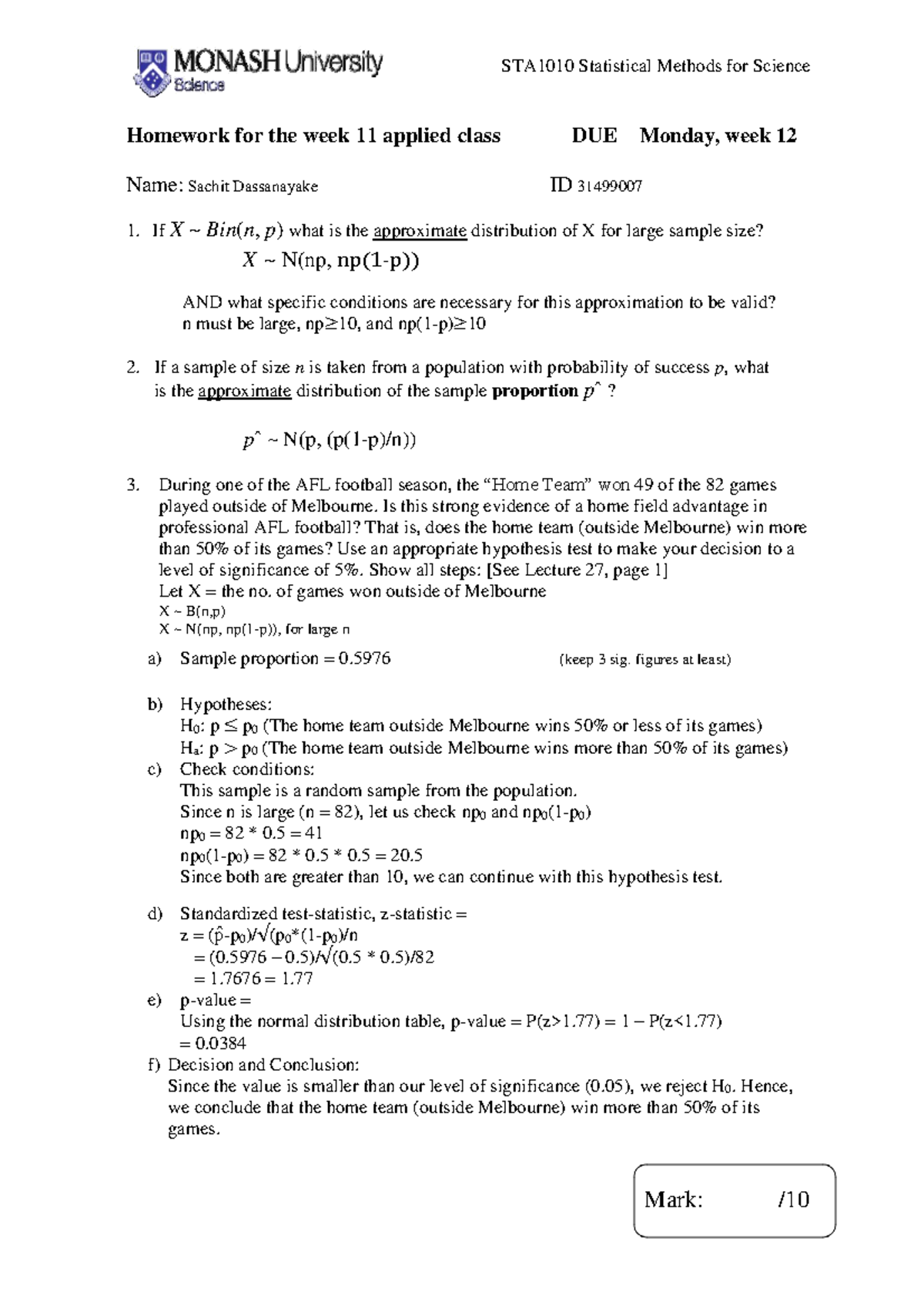 STA1010 Statistical Methods: Week 11 Homework Solution (2020-2) - Studocu