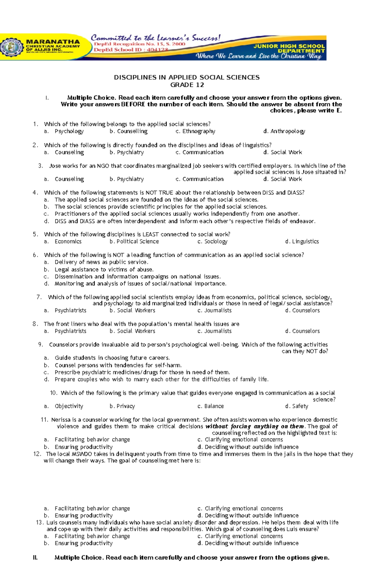 Disciplines in Applied Social Sciences - GRADE 12 Quiz Guide - Studocu