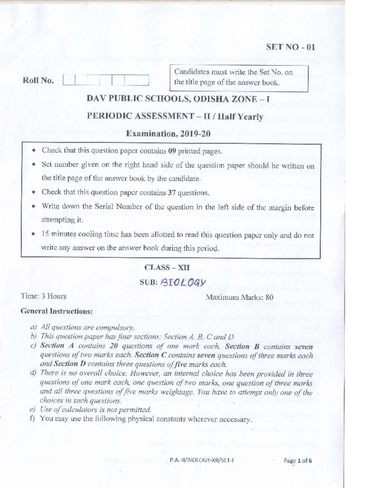 XII PT II Biology Question Paper - Set No. 01 - Studocu