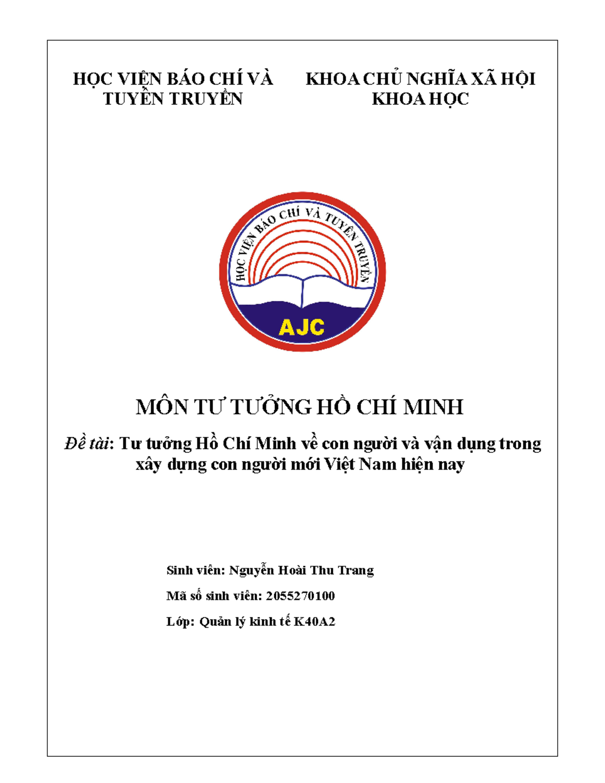 Tiểu luận Tư tưởng Hồ Chí Minh về xây dựng con người mới Việt Nam - 2055270100 - Document Preview