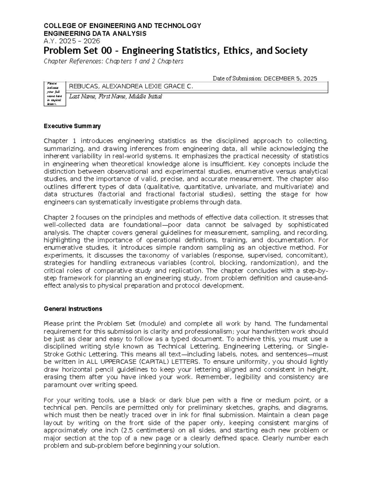 ENGR 2025-2026: Problem Set 00 - Engineering Statistics & Ethics - Studocu