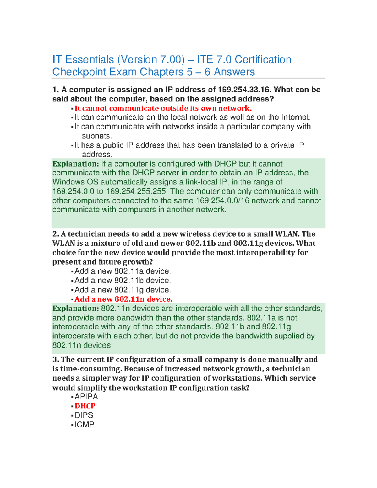 IT Essentials 7.0 Checkpoint Exam Answers for Chapters 5-6 - Studocu