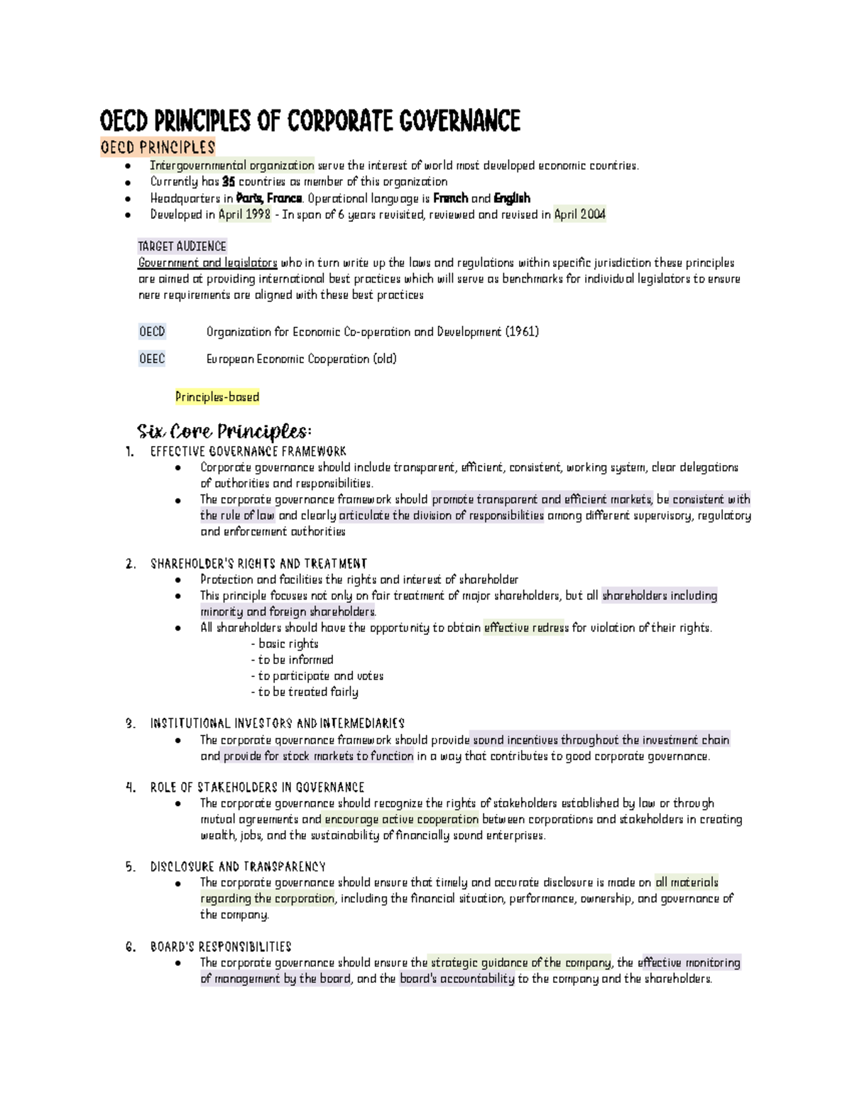 Notes on OECD Principles of Corporate Governance - Studocu