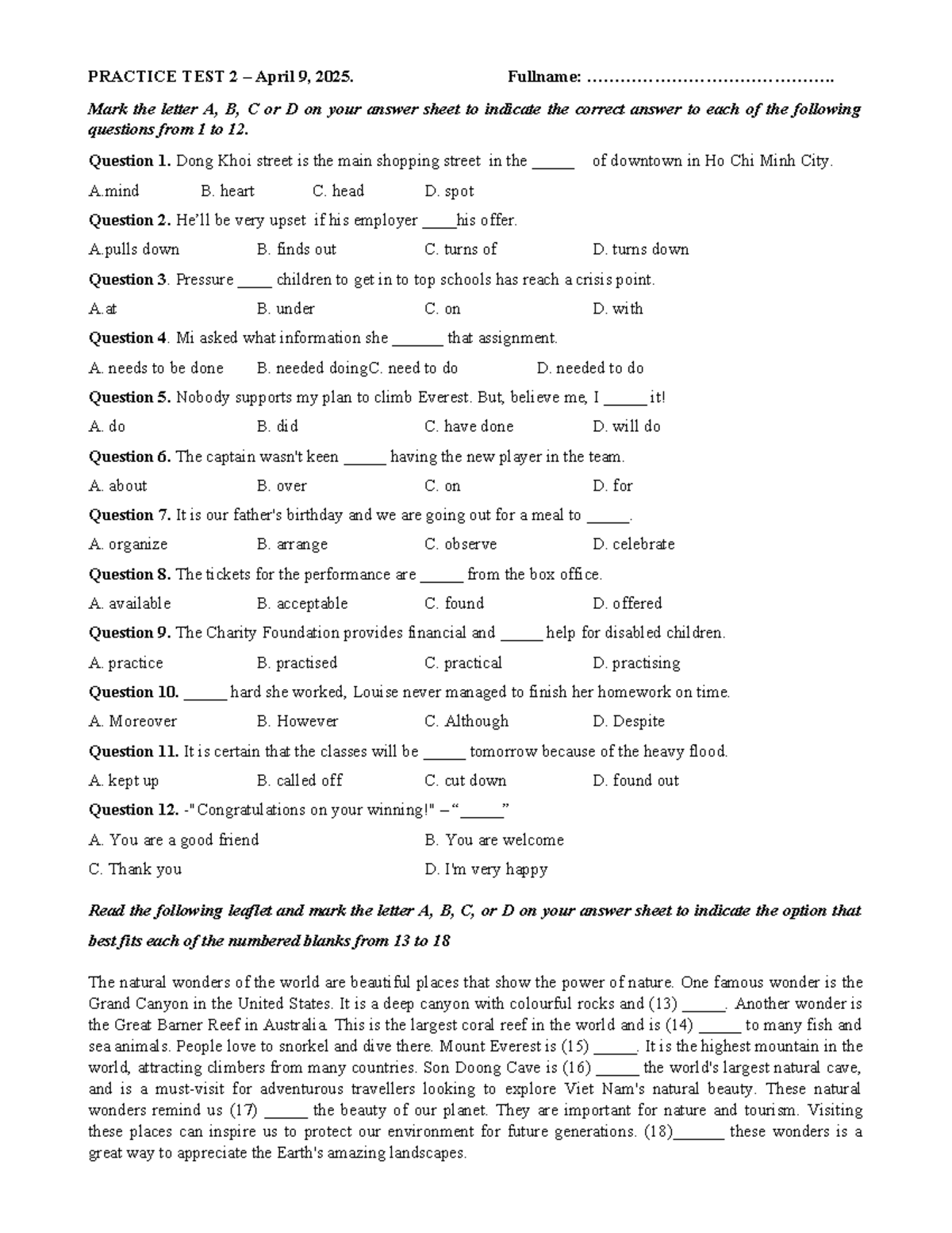 PRACTICE TEST 2 - April 9, 2025: Answer Key and Explanations - Studocu