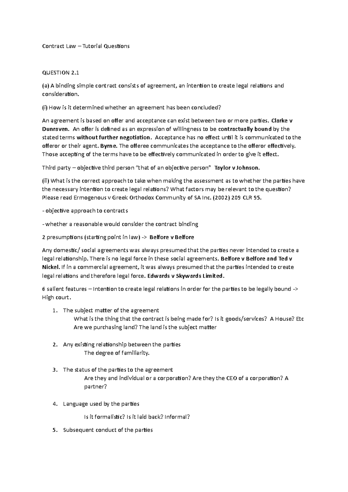 Contract Law Tutorial Questions: Key Issues and Analyses - Studocu