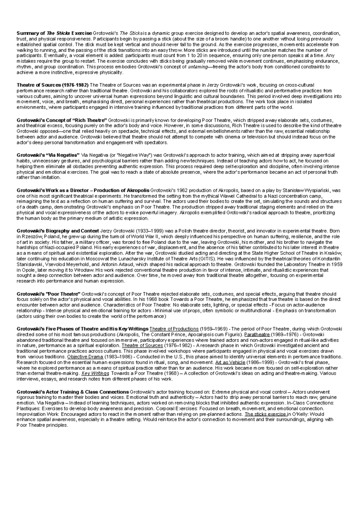 Grotowski's Techniques & Theories: Key Study Notes (THEA 301) - Studocu