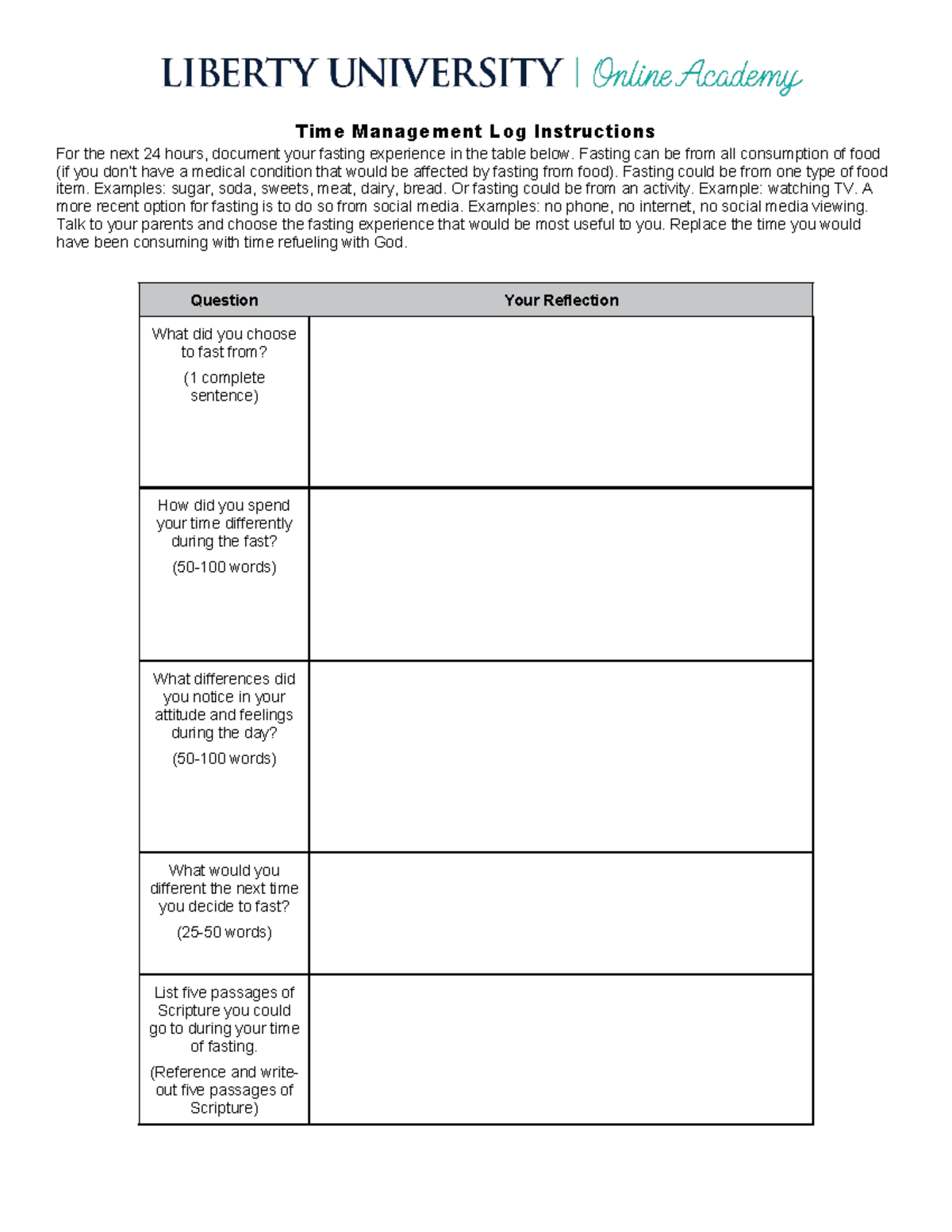 Fasting Reflection Instructions - Time Management Log Instructions For ...