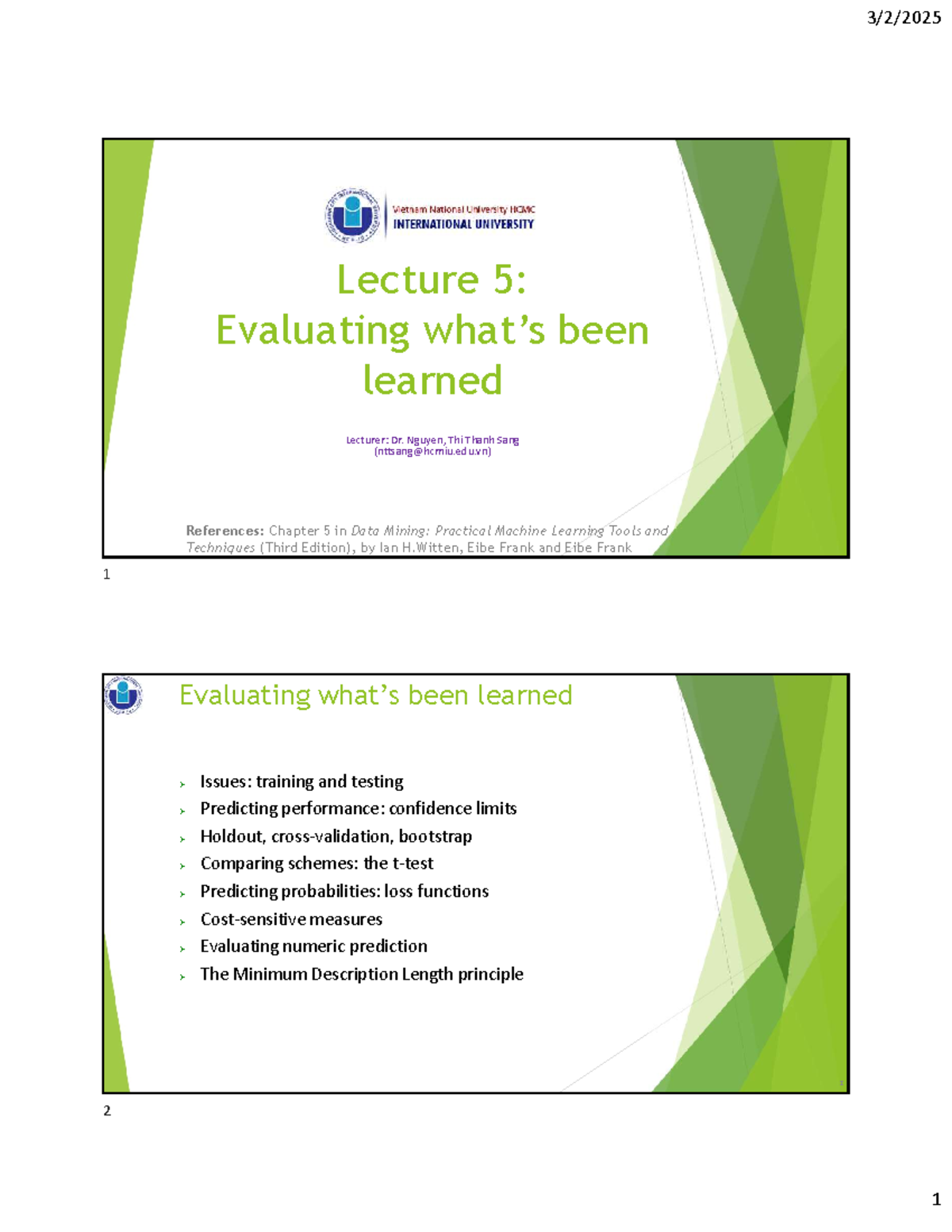 Lecture 5: Evaluating Learning in Data Mining (CS101) - Studocu
