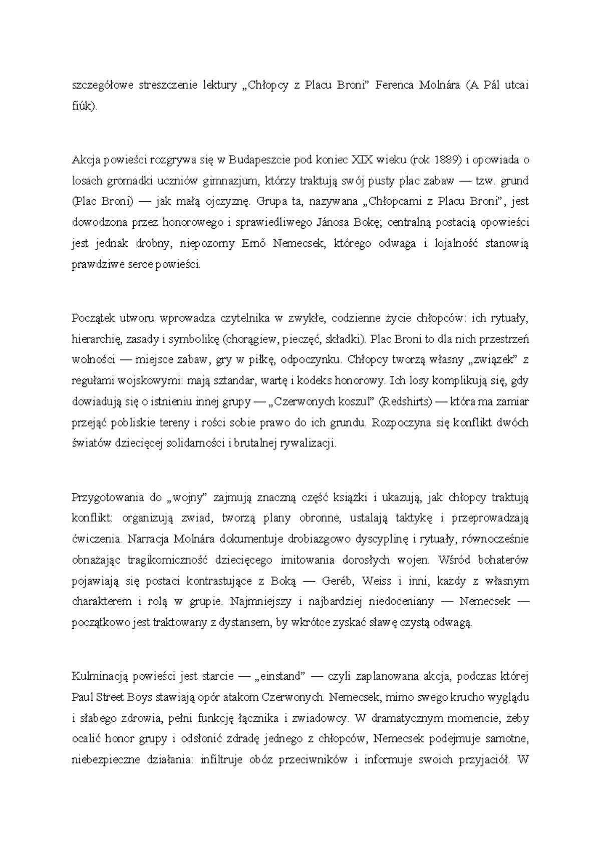 Streszczenie Lektury Chłopcy Z Placu Broni www.studocu.com