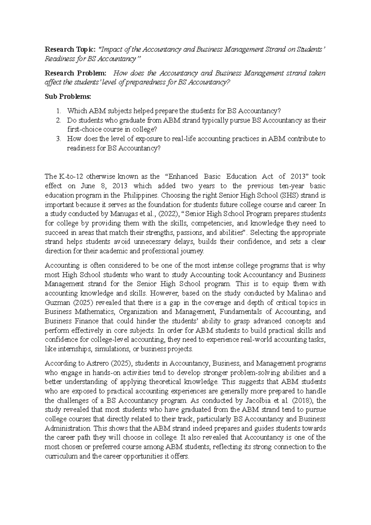ABM 101: Readiness for BS Accountancy Among ABM Strand Students - Studocu