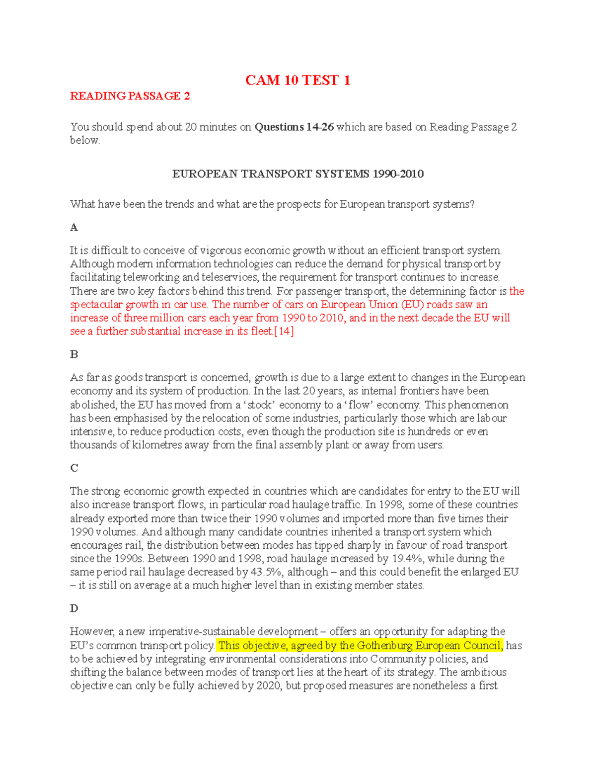 CAM 10 TEST 1 READING PASSAGE 2: European Transport Trends and ...