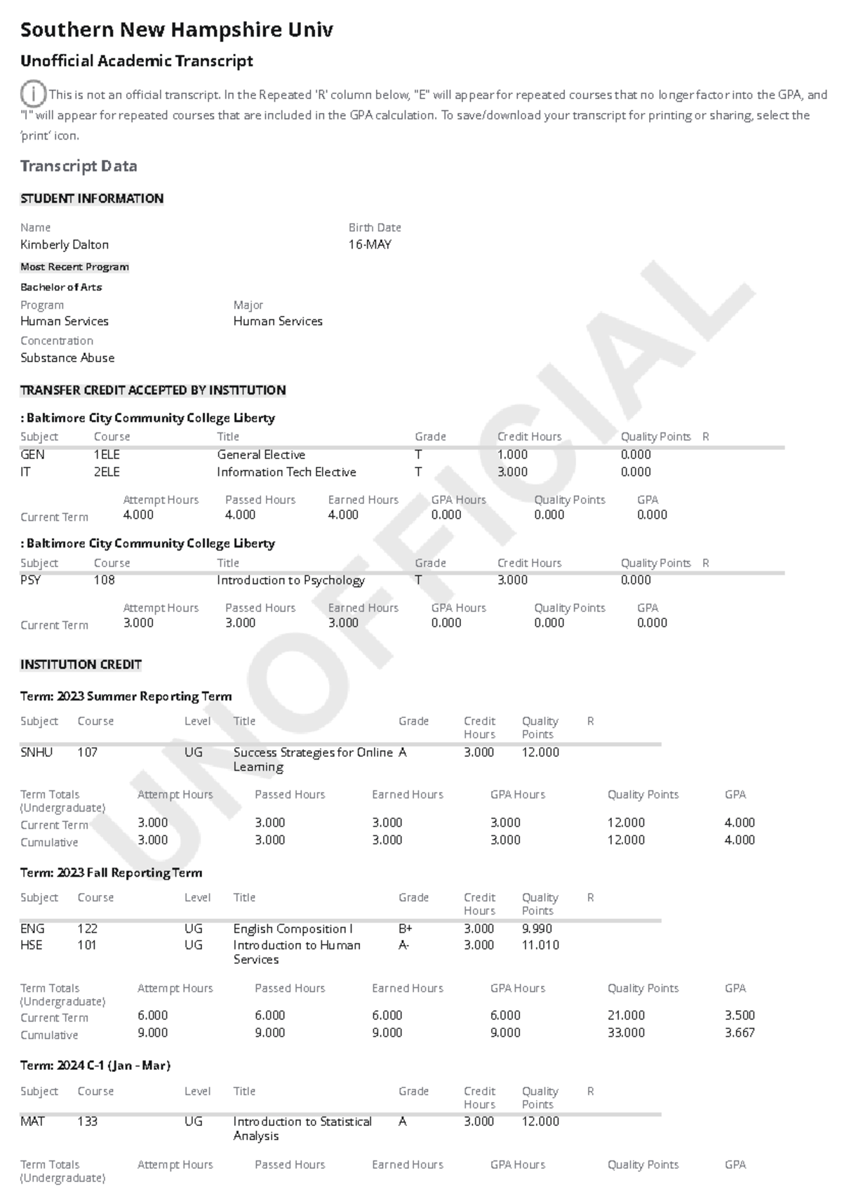 Unofficial Academic Transcript - SNHU - Studocu